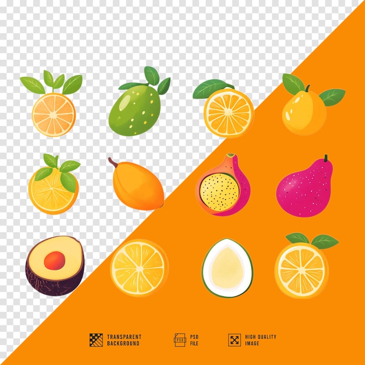 PSD imagen de un conjunto de frutas tropicales sin fondo en calidad hd