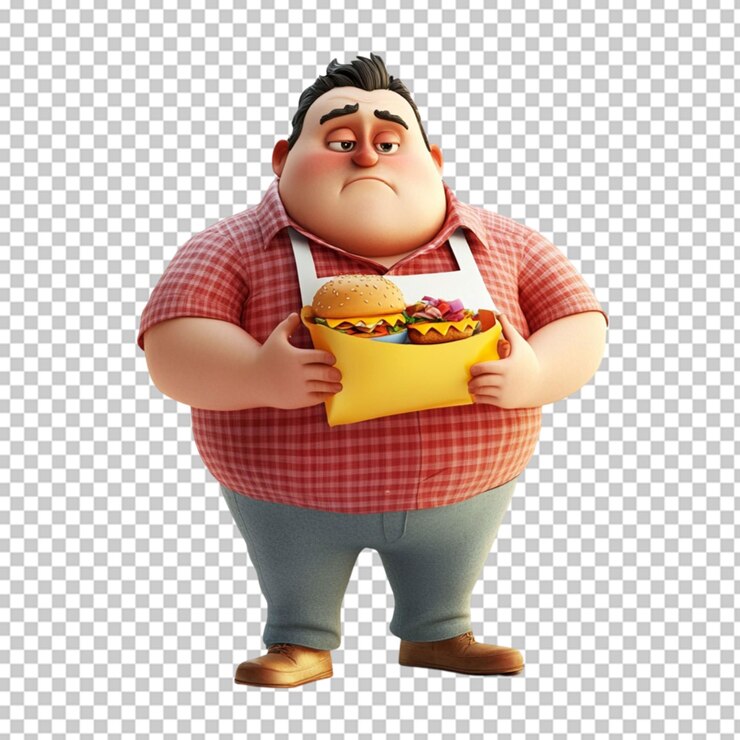 PSD imagen de dibujos animados de un hombre con sobrepeso triste comiendo en un fondo transparente