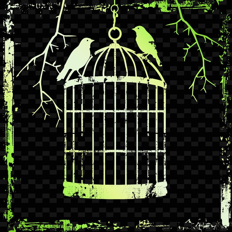 PSD una imagen de dos pájaros en una jaula con una rama colgando de ella