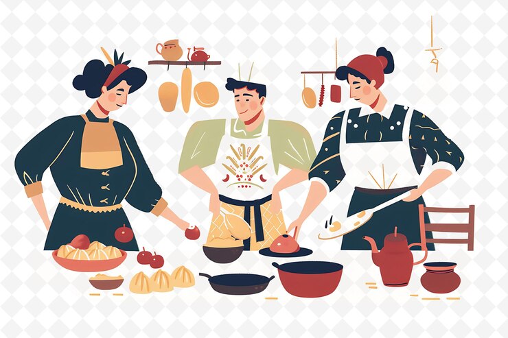 PSD una imagen de dos personas cocinando en una cocina con un hombre cocinando con una mujer en un sombrero y un delantal