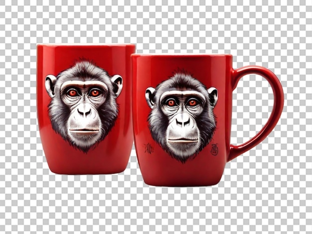 PSD una imagen de dos tazas rojas calientes impresas con monkey en un fondo transparente