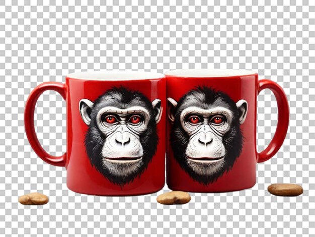 Una imagen de dos tazas rojas calientes impresas con monkey en un fondo transparente