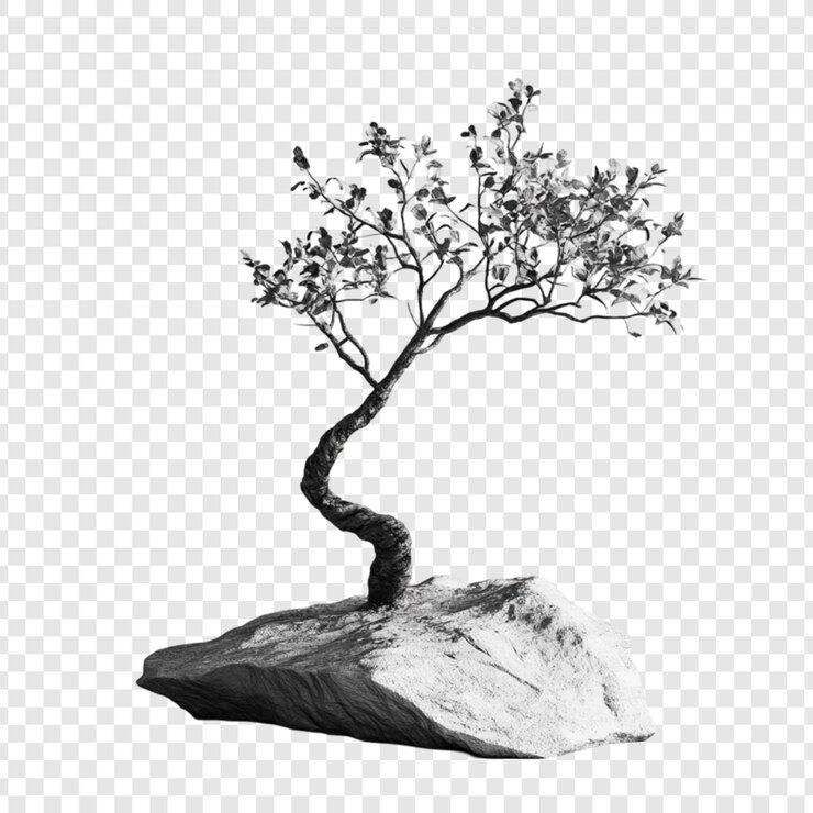 PSD una imagen en escala de gris de un pequeño árbol que crece en una roca una escena natural minimalista un árbol bonsailike una representación artística única de la naturaleza