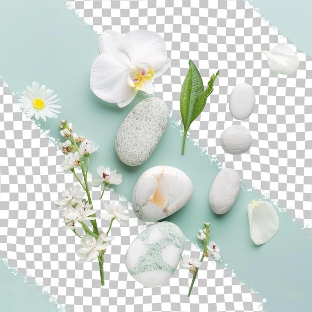 una imagen de una escena de playa con flores y rocas en la mesa