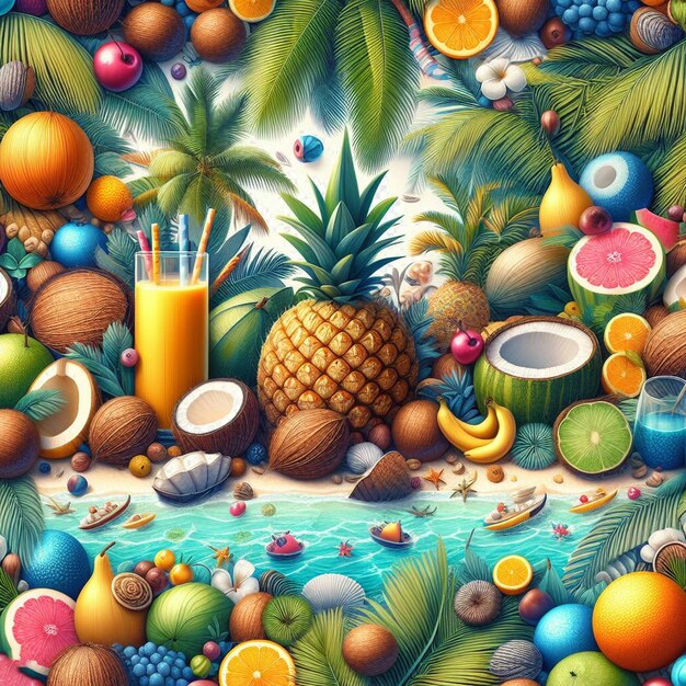 PSD una imagen de una escena tropical con una piña y un vaso de jugo