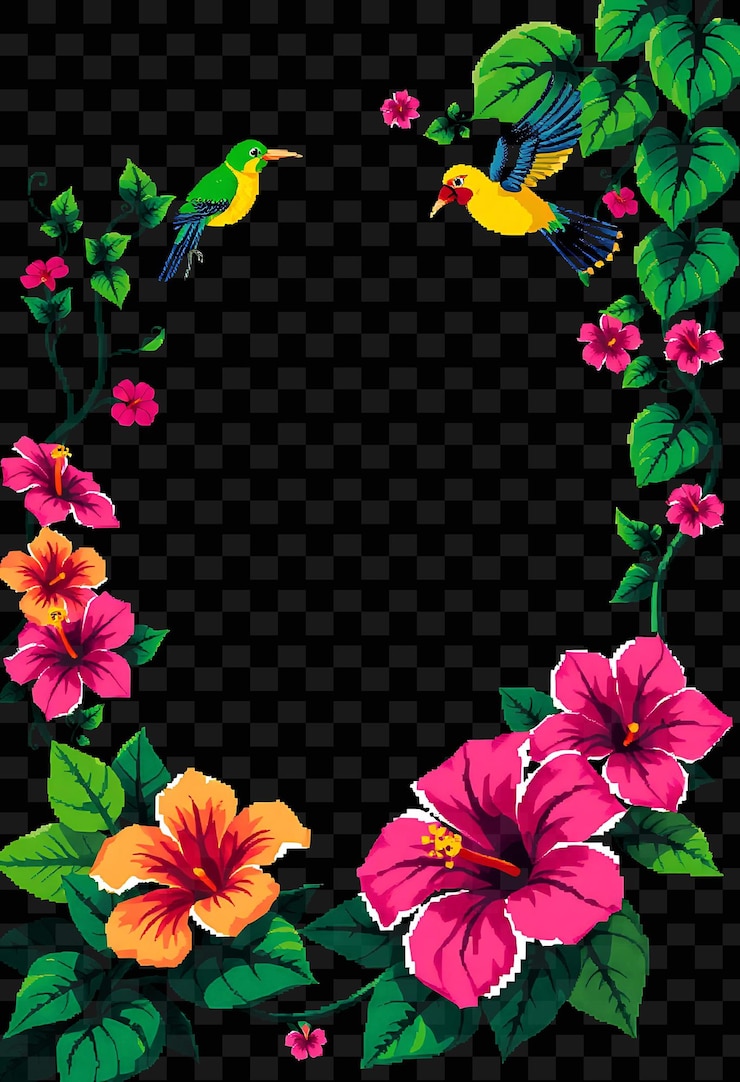 PSD una imagen de flores y pájaros con un marco que dice "hibiscus"