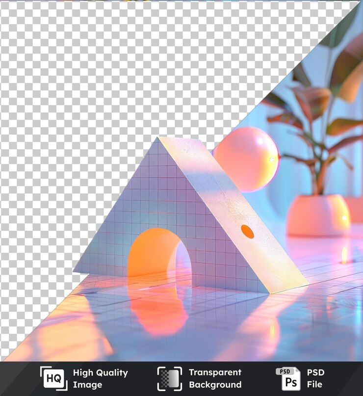 PSD imagen en formato psd transparente de un protractor con globos de colores, una planta y un jarrón en la mesa