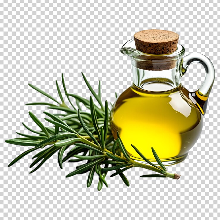 PSD imagen fotorrealista de romero y un pequeño frasco de aceite de oliva sobre un fondo blanco