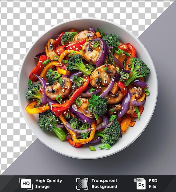 PSD imagen de frito de verduras con setas y brócoli en un cuenco blanco