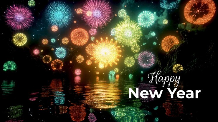 PSD una imagen de fuegos artificiales con las palabras feliz año nuevo en él