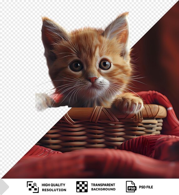 PSD imagen de gatito en una canasta de madera con un paño rojo png psd