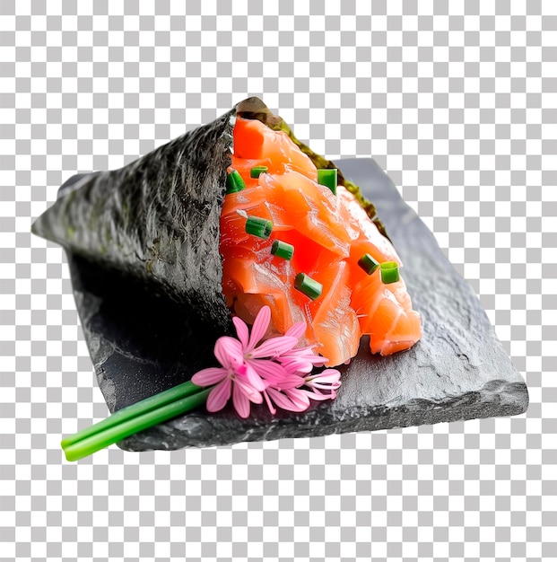 Imagen generada por ia de salmón temaki sushi en una bandeja de piedra con fondo transparente