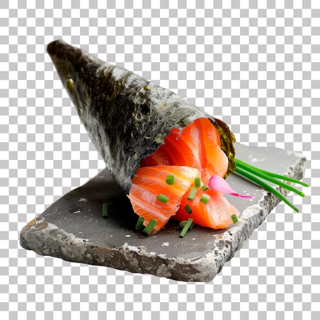 PSD imagen generada por ia de salmón temaki sushi en una bandeja de piedra con fondo transparente