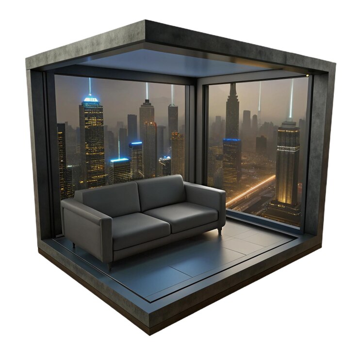 PSD una imagen de una habitación con un sofá y una ventana con la palabra cita azul en ella