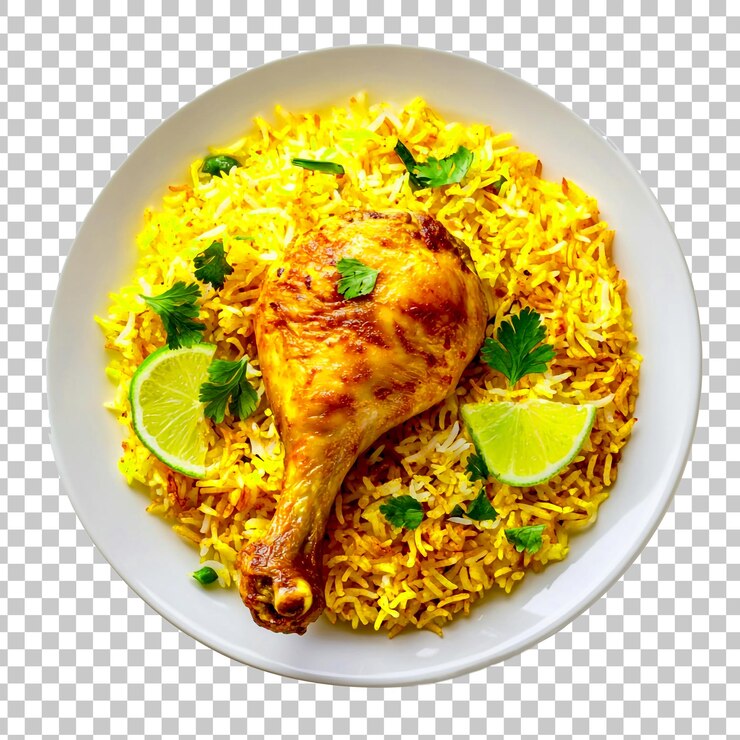 PSD una imagen hiper realista de un delicioso biryani con un pedazo de pollo de pierna grande en un plato blanco aislado