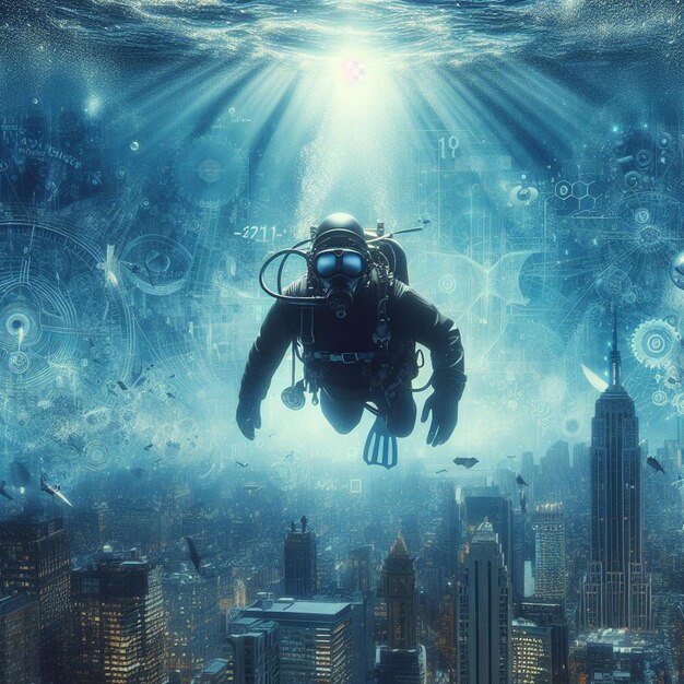 Imagen hiperrealista buzo buzo explorando atlantis hundida perdida en el océano mar azul