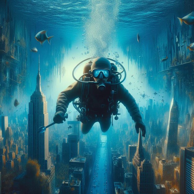 Imagen hiperrealista buzo buzo explorando atlantis hundida perdida en el océano mar azul