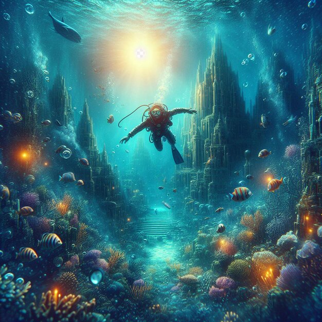 Imagen hiperrealista buzo buzo explorando atlantis hundida perdida en el océano mar azul