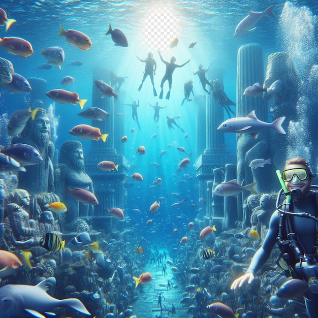 Imagen hiperrealista buzo buzo explorando atlantis hundida perdida en el océano mar azul