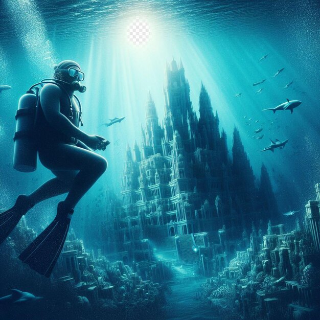 PSD imagen hiperrealista buzo buzo explorando atlantis hundida perdida en el océano mar azul