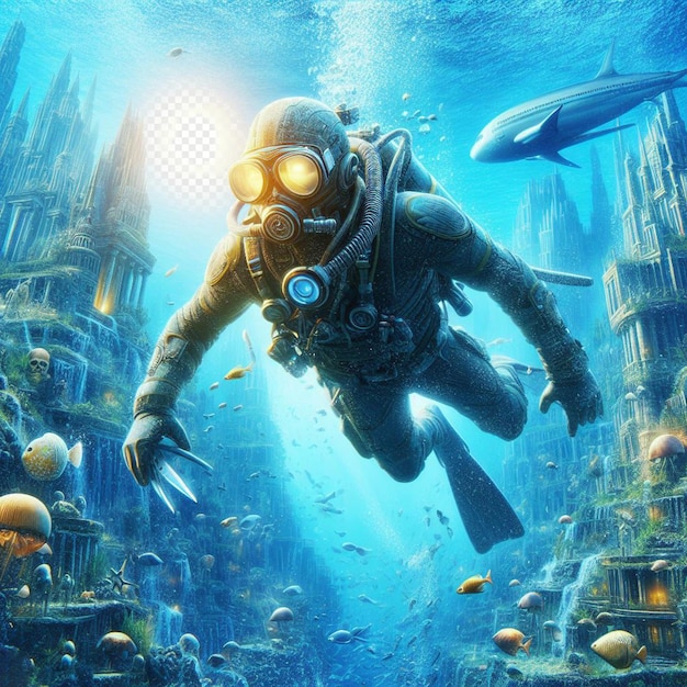 PSD imagen hiperrealista buzo buzo explorando atlantis hundida perdida en el océano mar azul