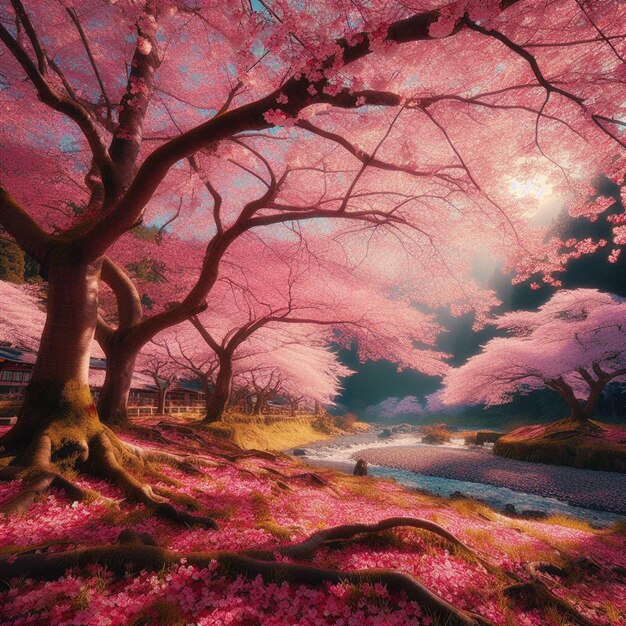 PSD imagen hiperrealista colorida primavera sakura cereza en flor festival mañana rocío puesta de sol hanami vista