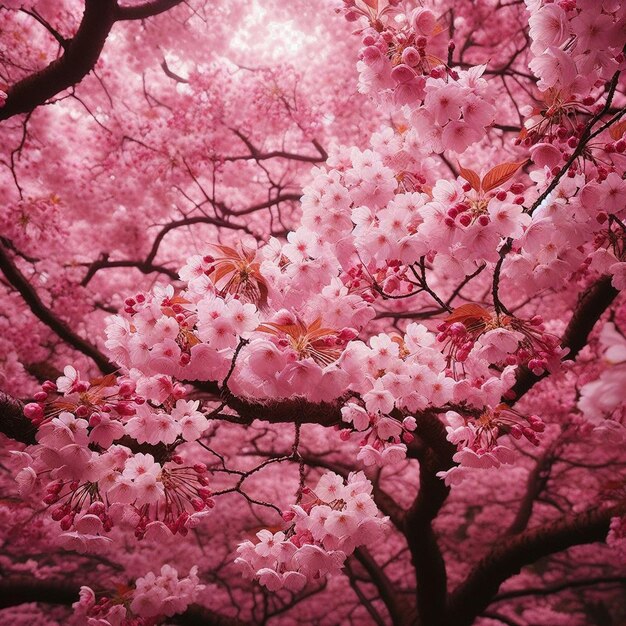 PSD imagen hiperrealista colorida primavera sakura cereza en flor festival mañana rocío puesta de sol hanami vista