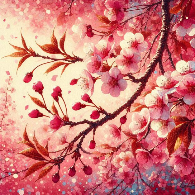 PSD imagen hiperrealista colorida primavera sakura cereza en flor festival mañana rocío puesta de sol hanami vista