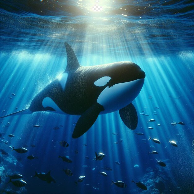 PSD imagen hiperrealista de la orca ballena asesina en el océano azul buceando bajo el agua