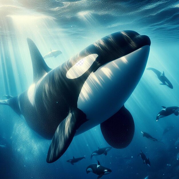 Imagen hiperrealista de la orca ballena asesina en el océano azul buceando bajo el agua