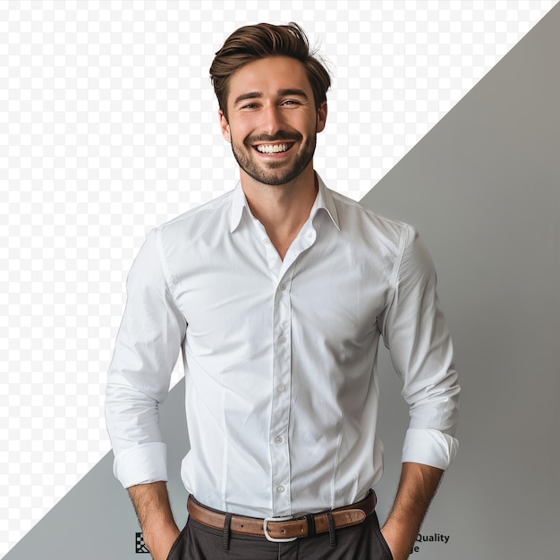 PSD imagen de un hombre moreno feliz vestido con ropa formal sonriendo a la cámara con las manos en los bolsillos aislados sobre un fondo gris aislado