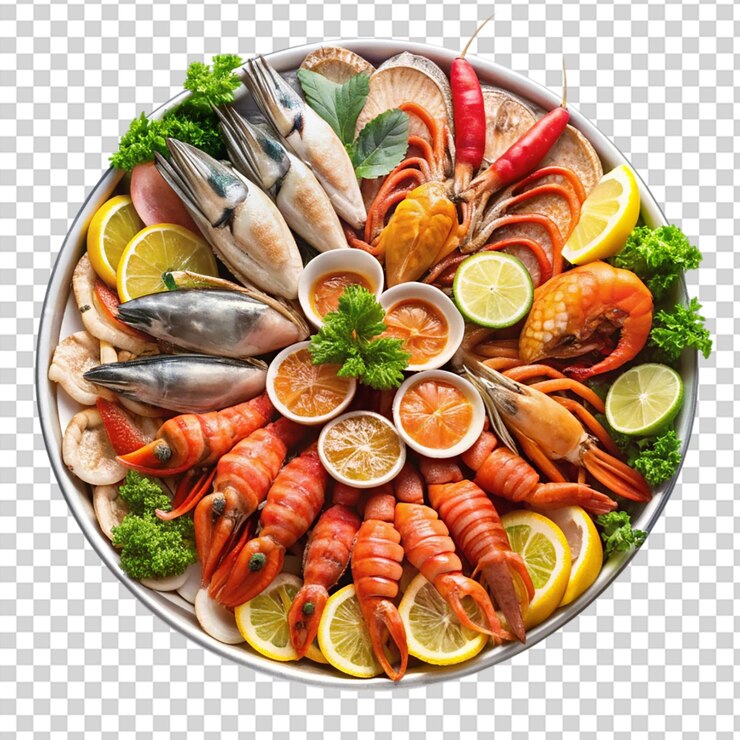 PSD imagen de un magnífico plato de mariscos aislado sobre un fondo transparente