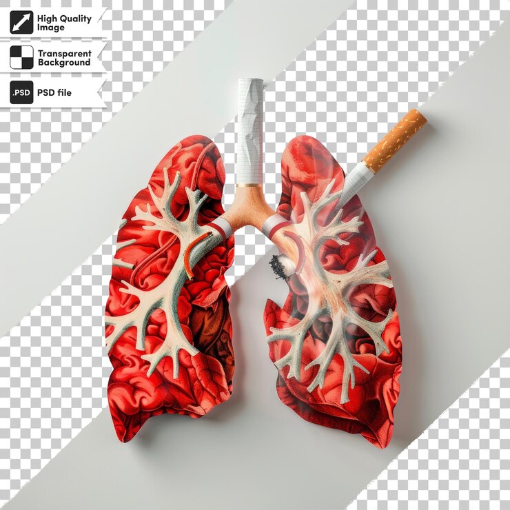 PSD imagen media del concepto visual para el día sin tabaco con pulmones y cigarrillos aislados en un blanco