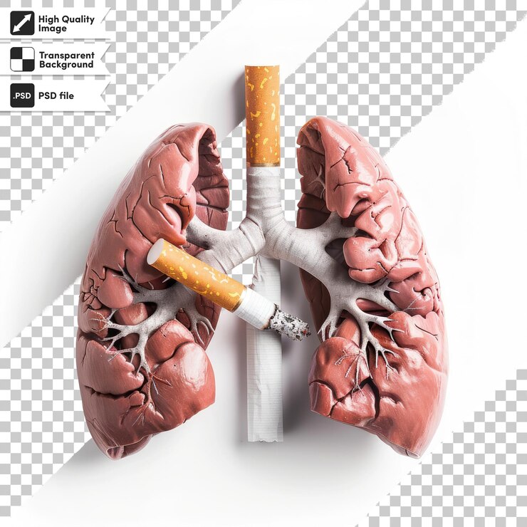 PSD imagen media del concepto visual para el día sin tabaco con pulmones y cigarrillos aislados en un blanco
