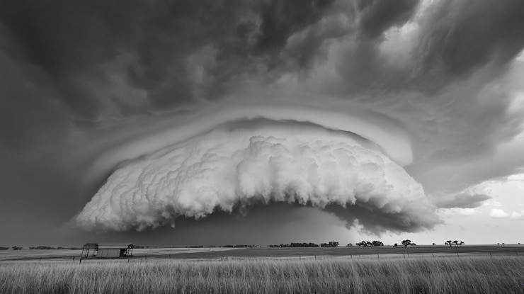 PSD imagen monocromática de una enorme y ominosa nube de tormenta sobre un paisaje plano de hierba