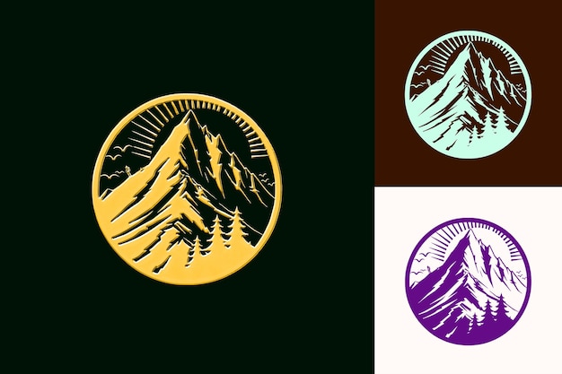 una imagen de una montaña con un círculo dorado y púrpura