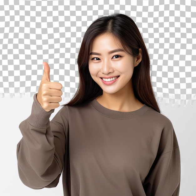 PSD imagen de una mujer asiática confiada que muestra el pulgar hacia arriba en aprobación recomendando como smth buena posición sobre un fondo transparente