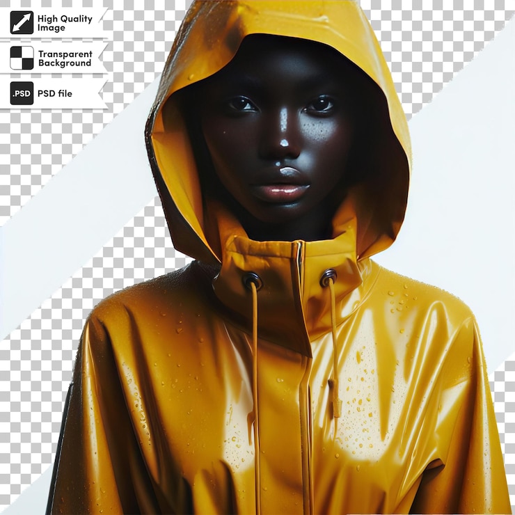 PSD una imagen de una mujer con un impermeable amarillo con una cara negra