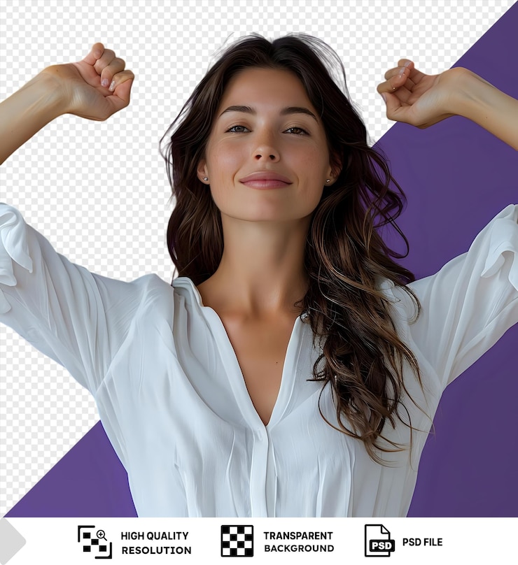 PSD imagen de mujer de negocios exitosa con los brazos en el aire con una camisa blanca y cabello marrón con una nariz pequeña y un ojo marrón y una mano visible en primer plano png psd