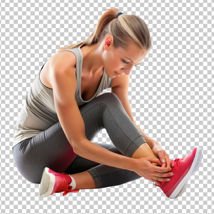 PSD imagen de una mujer o un atleta que sufre de dolor en el pie sobre un fondo transparente