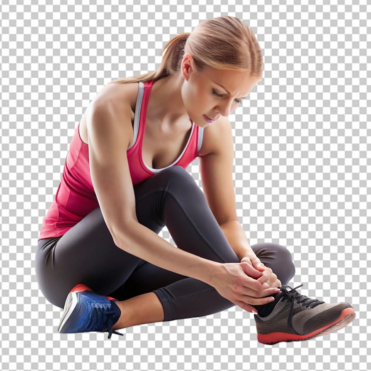 PSD imagen de una mujer o un atleta que sufre de dolor en el pie sobre un fondo transparente