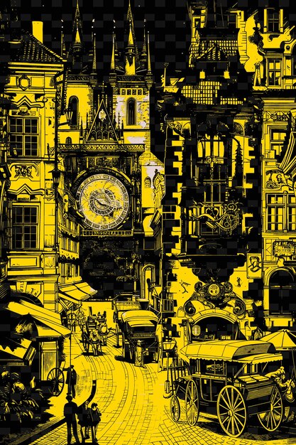 PSD una imagen negra y amarilla de una torre del reloj con un fondo dorado