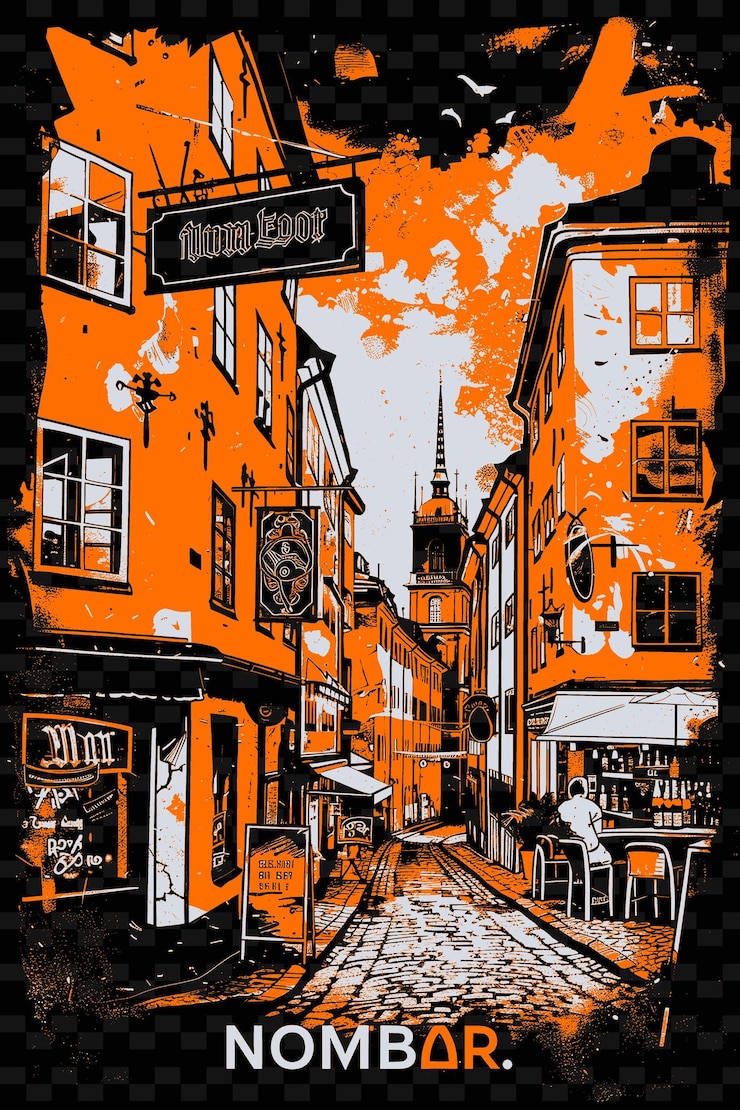 PSD una imagen negra y naranja de una calle con un letrero que dice la cita de la ciudad vieja