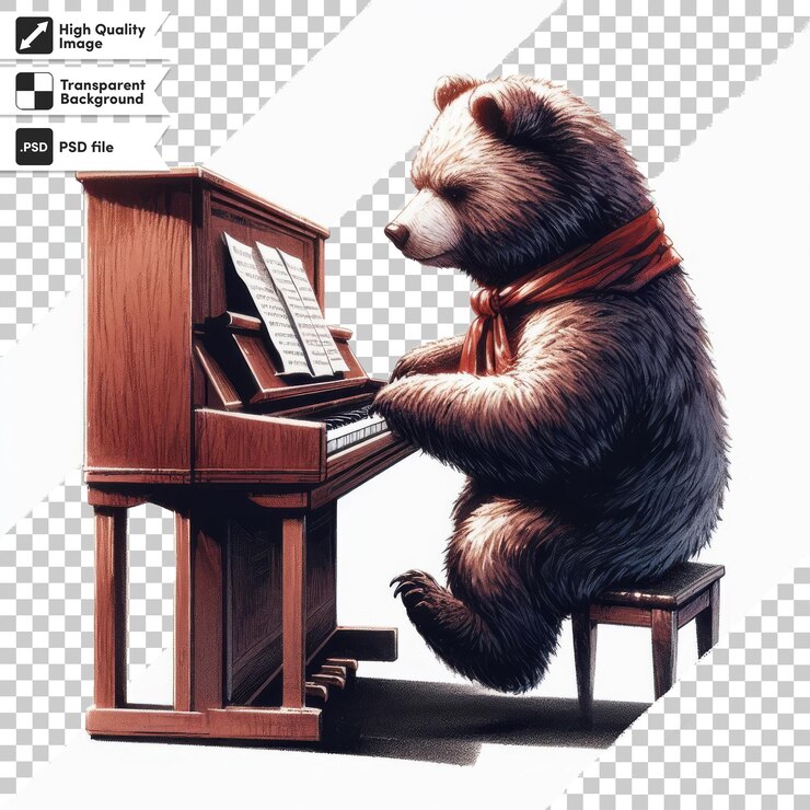 PSD una imagen de un oso tocando un piano con una cinta a su alrededor