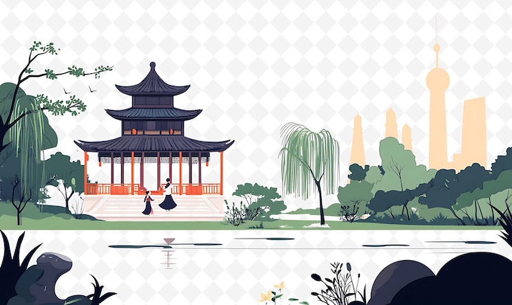 PSD una imagen de una pagoda con un estanque y una pagoda