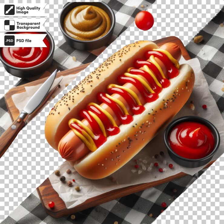 PSD una imagen de un perrito caliente con una botella de ketchup y una botella de ketchup