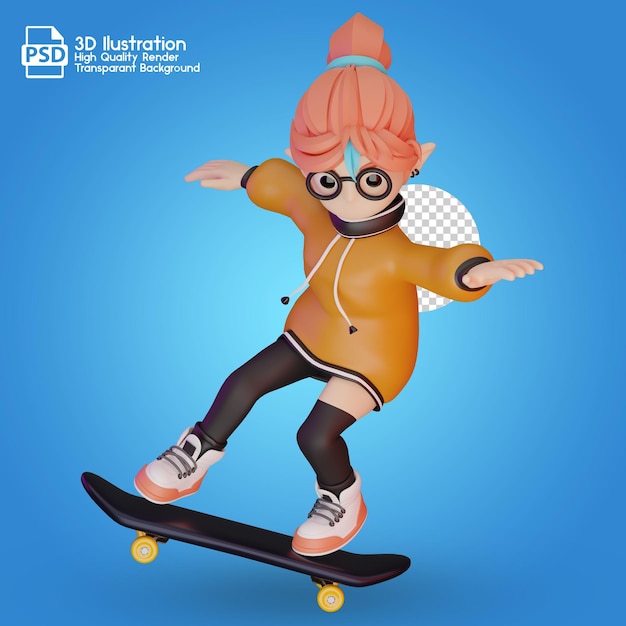 Imagen de personaje de dibujos animados en 3D de una niña en una patineta
