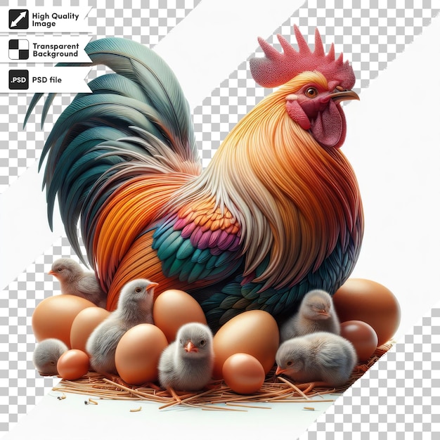 PSD una imagen de un pollo con huevos y un pollo en el fondo