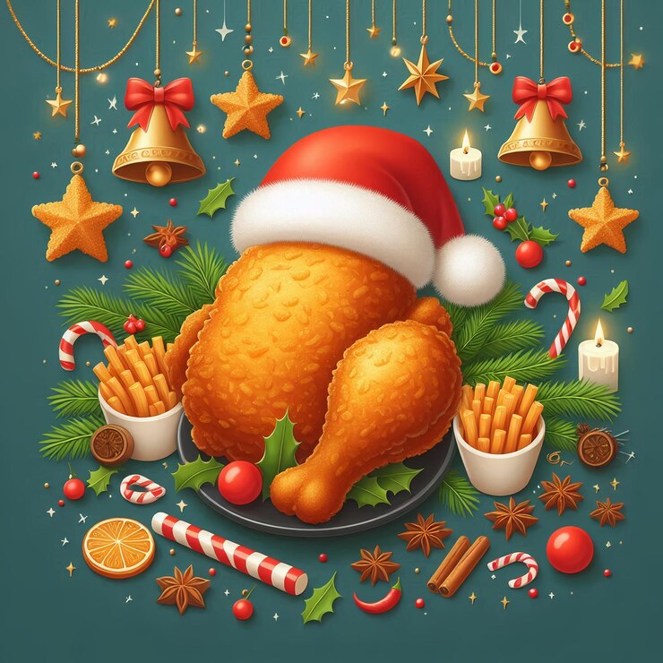 una imagen de un pollo con un sombrero de Santa en él