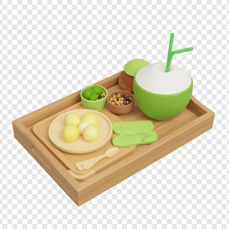 PSD imagen de postre de coco verde fresco en una bandeja de madera